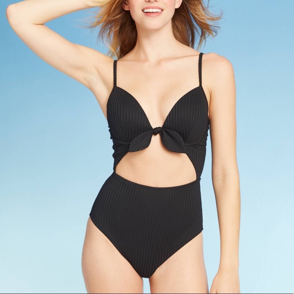 Ribbed Tie-Front Cut Out One Piece Swimsuit